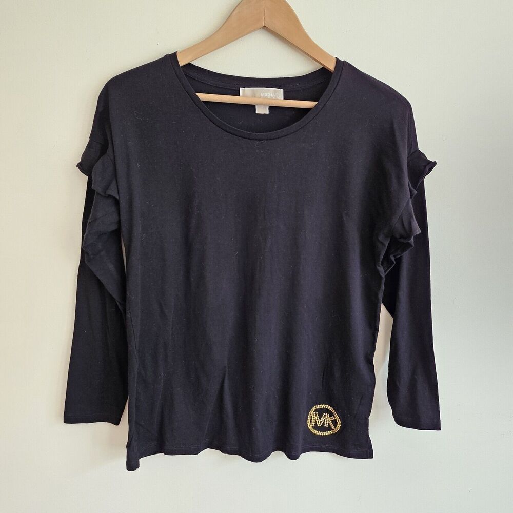 Women's Michael Kors Black Ruffle Long Sleeve Tee,  Size S. Gold Logo